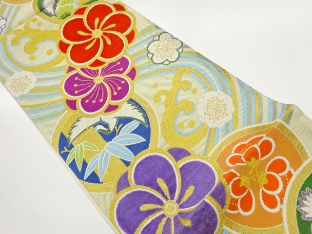 JAPANESE KIMONO / FUKURO OBI / SILK / WOVEN ROUGH WAVE & BAMBOO & UME & CRANES